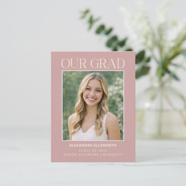 Carte Postale Modern Minimal Elegant Photo Blush Pink Graduation (Debout devant)