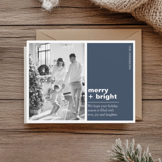 Carte Postale Modern Navy Blue Merry + Bright Christmas Photo  (Créateur téléchargé)