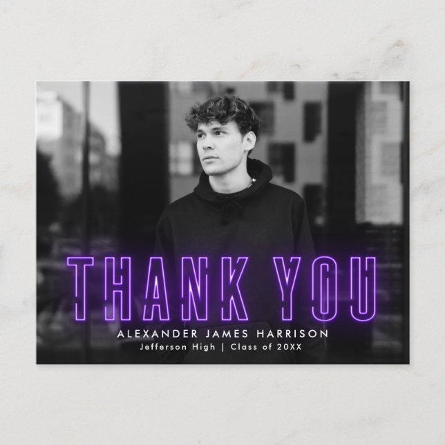Carte Postale Modern Purple Neon Photo Graduation Thank You (Devant)