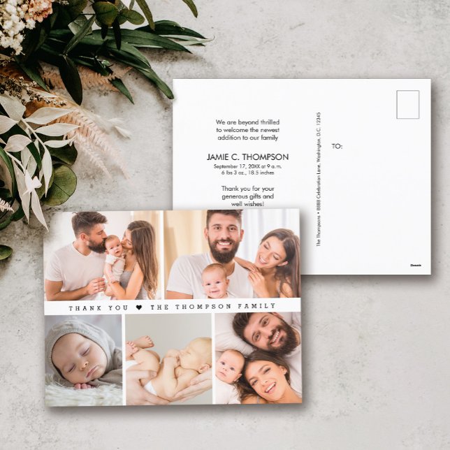 Carte Postale Modern Simple Photo Collage Baby shower merci (Custom Modern Baby Shower Thank you photo collage postcard.)