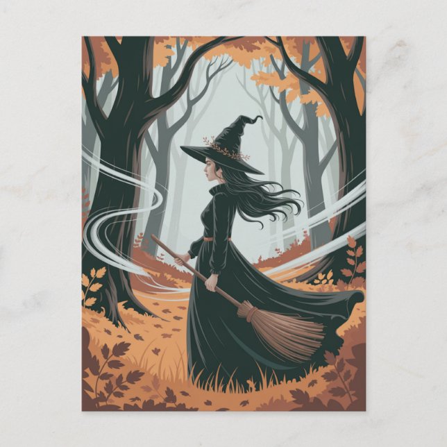 Carte Postale Modern Trendy Halloween Witch in Forest            (Devant)