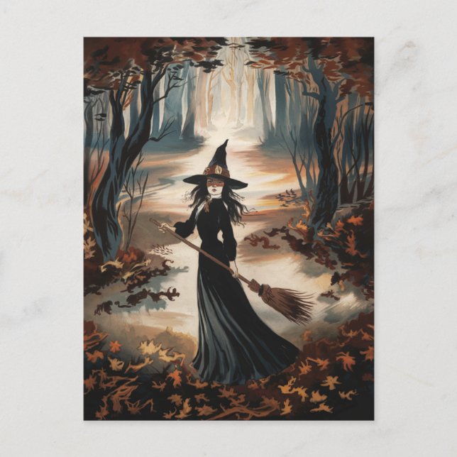 Carte Postale Modern Trendy Halloween Witch in Forest            (Devant)