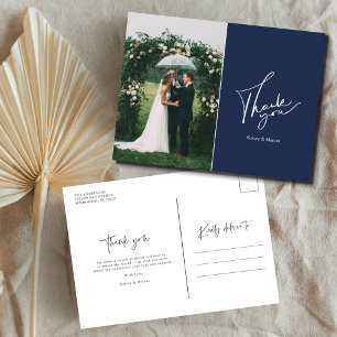 Carte Postale Modern Wedding Day Photo Thank You   Navy Blue