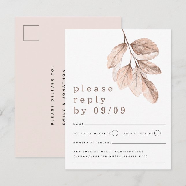 Carte postale moderne Blush Feuille Wedding RSVP (Devant / Derrière)