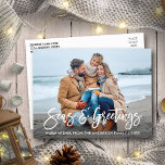 Carte Postale Moderne Brush Script Seas et voeux<br><div class="desc">Brochure moderne Script Mer & Salutations Famille Photo Holiday Carte postale</div>