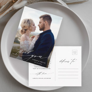 Carte Postale Moderne Chic Calligraphie Mariage Photo Merci