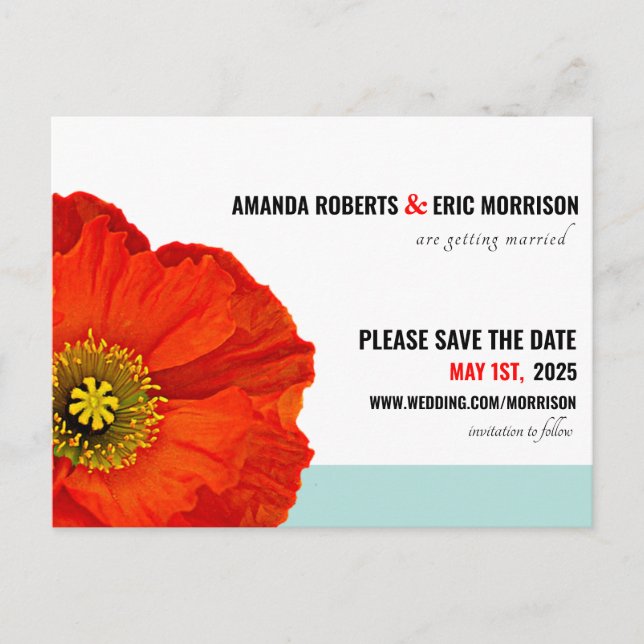 Carte Postale Moderne Chic Red Poppy Mint Turquoise Enregistrer  (Devant)