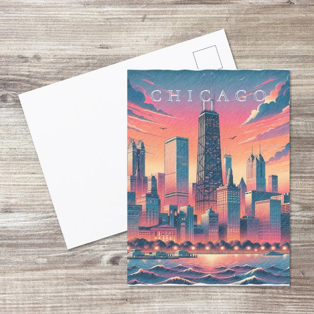 Carte postale moderne de Chicago avec ciel orange  (Chicago Skyline Modern Postcard (front and back))