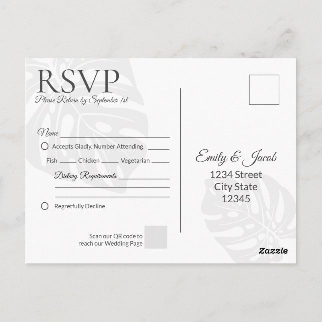 Carte postale moderne de mariage RSVP. Plage Palm  (Dos)