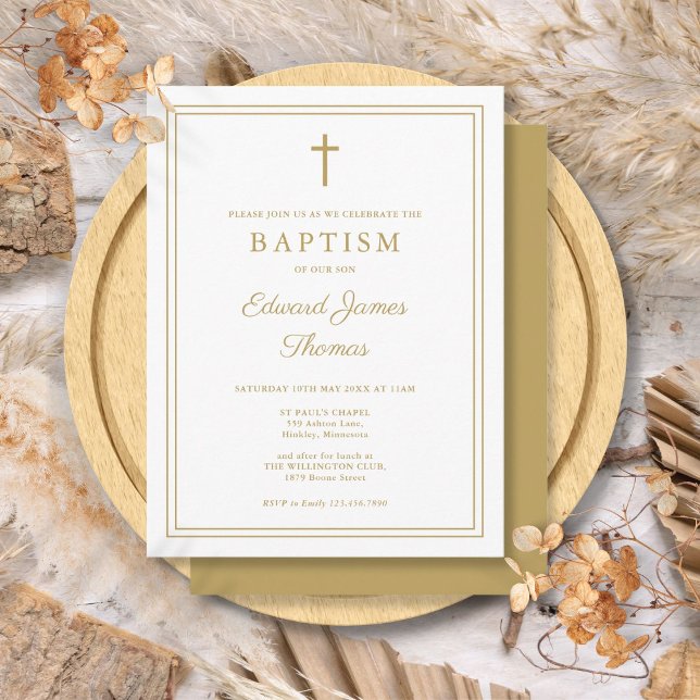 Carte Postale Moderne Elegant Chic Gold Frontière Baptême Invita (Modern Elegant Chic Gold Border Baptism Invitation Postcard)