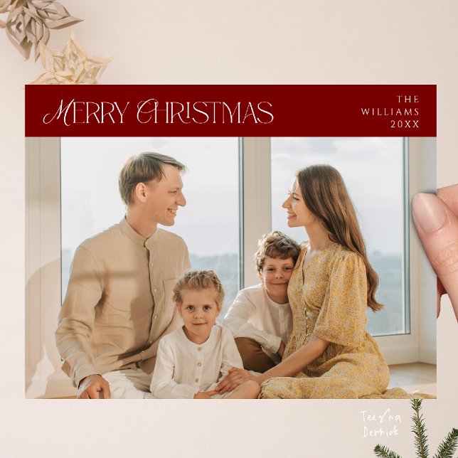 Carte Postale Moderne Élégant, Joyeux Noël Photo de Famille (Modern Elegant, Merry Christmas Family Photo Postcard in Burgundy Wine Deep Red Theme)