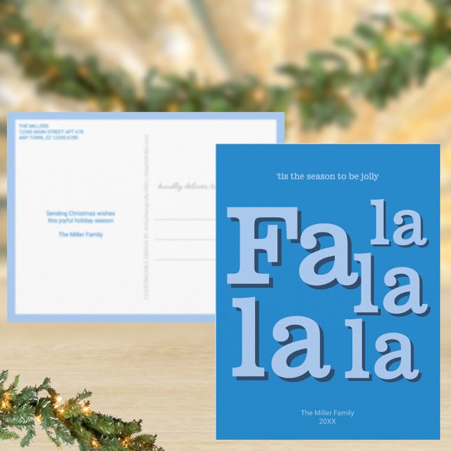 Carte Postale Moderne Fa La Ciel Bleu Simple Minimal Noël (Christmas postcards in a bold blue Fa la la la la typography design for a modern look)