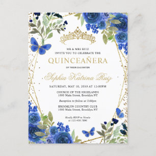 Carte Postale Moderne Floral Marine Bleu Or Tiara Quinceañera