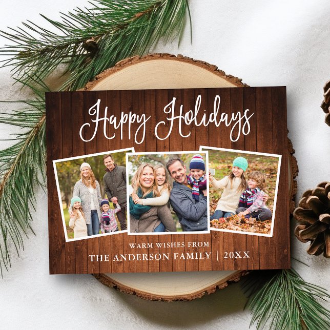 Carte Postale Moderne Fun Calliage Wood 3 Photo Holiday (Customize to change your personalized text size or text style.)