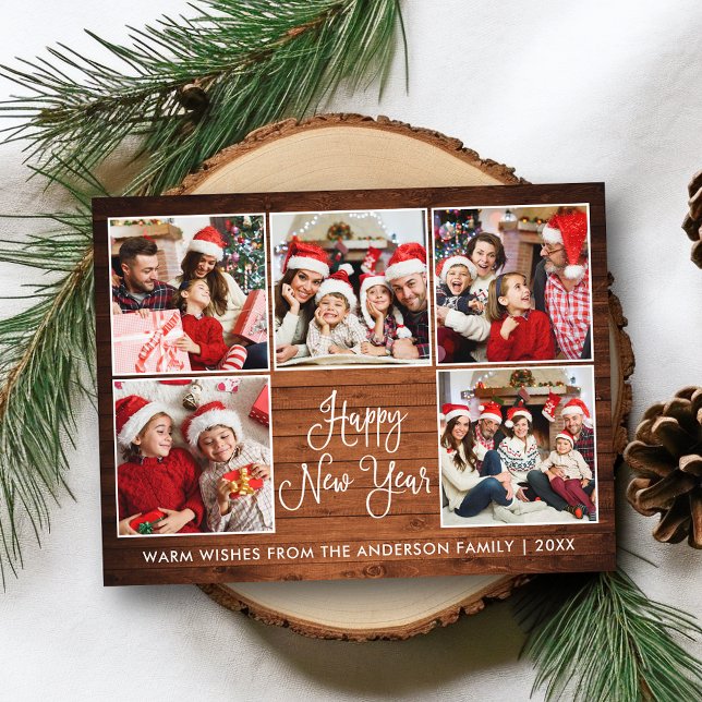 Carte Postale Moderne Fun Calligraphie Bois 5 Photo Nouvel An (Customize to change your personalized text size or text style.)