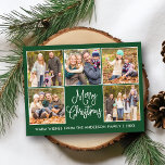 Carte Postale Moderne Fun Calligraphie Vert 5 Photo Noël<br><div class="desc">Script de calligraphie moderne Joyeux Noël 5 Photo Collage Carte postale de vacances - Forest Green Arrière - plan</div>