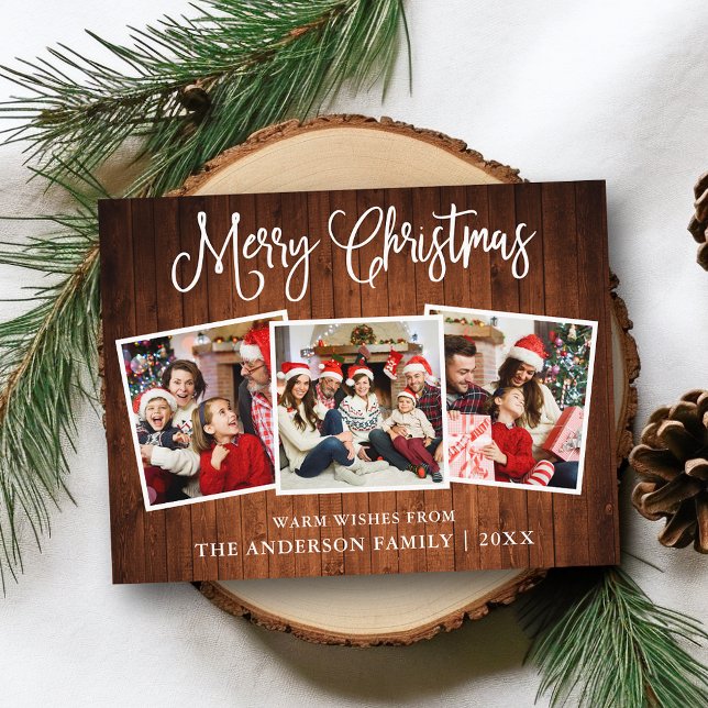 Carte Postale Moderne Fun Calligraphy Christmas Wood 3 Photos (Customize to change your personalized text size or text style.)