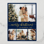 Carte postale moderne Gold Foil Script Collage Hol<br><div class="desc">Élégante calligraphie Minimaliste Gold Foil Script Navy 4 Photo Collage Joyeux Noël Carte de vacances. Ce modèle festif, mimimaliste, fantasque de quatre (4) cartes de vacances photo présente un joli collage photo et dit "Joyeux Noël"! Le texte de salutation "Joyeux Noël" est écrit dans une belle main lettré tourbillonnant swash-tail...</div>