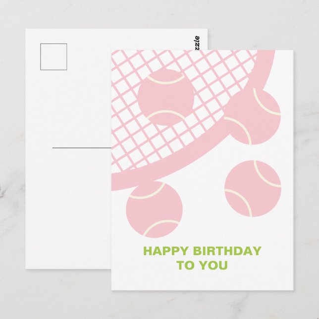 Carte Postale Moderne Pink Tennis Ball Racket Joyeux anniversair (Devant / Derrière)