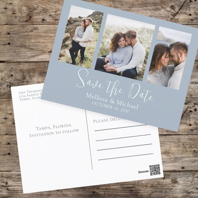 Carte Postale Moderne Simple Dusty Bleu Élégant 3 Photo Budget (Créateur téléchargé)