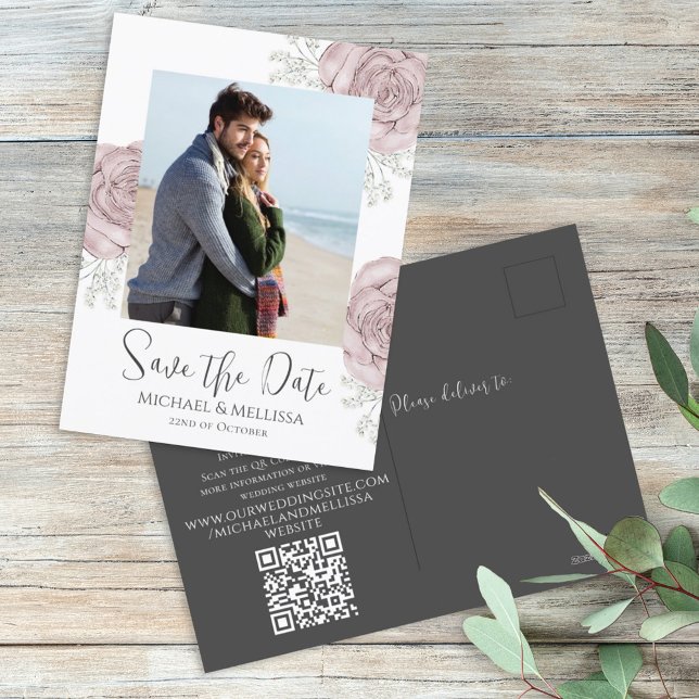 Carte Postale Moderne simple Dusty Rose Floral Photo QR Code (Créateur téléchargé)