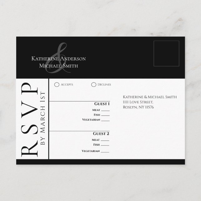 Carte Postale Moderne simple noir et blanc-RSVP-Mariage- (Dos)