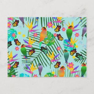 Carte Postale Moderne Tropical Green Parrot Palm Leaf Bleu clair