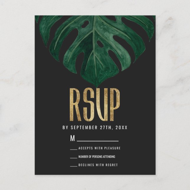 Carte Postale Moderne Tropical Swiss Fromage Leaf Gold RSVP (Devant)