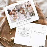 Carte Postale Modifiable Enregistrer la date 3 photo en blanc<br><div class="desc">Photo moderne et élégante Enregistrer la Carte Mariage Date. La carte d'invitation à la date inclut la typographie blanche et le design chic et simple sur un arrière - plan blanc que vous pouvez ajouter votre photo de fiançailles customisé à.</div>