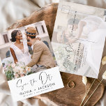 Carte Postale Modifiable main lettres blanc Enregistrer la photo<br><div class="desc">Photo moderne et élégante Enregistrer la Carte Mariage Date. La carte d'invitation à la date comprend la typographie blanche et le design chic et simple sur un arrière - plan blanc que vous pouvez ajouter votre photo fiançailles customisée à.</div>