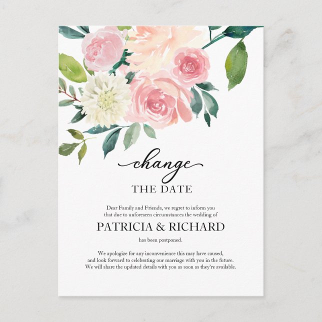 Carte Postale Modifier Le Report Du Mariage Floral Blush Date (Devant)
