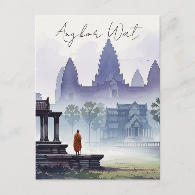 Carte Postale Moine à Angkor Wat Cambodge Aquarelle (Devant)