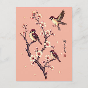 Carte Postale Moineaux printaniers sur une branche en fleurs