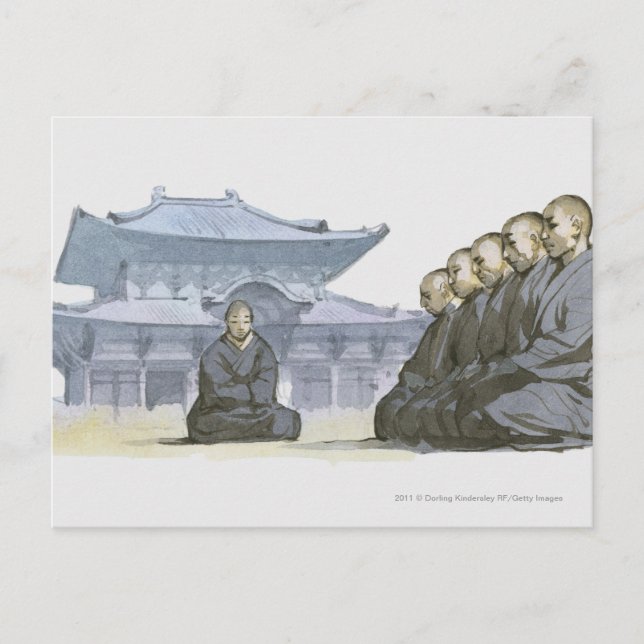 Carte Postale Moines bouddhistes zen agenouillant devant le temp (Devant)