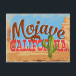 Carte Postale Mojave California Cartoon Desert Vintage voyage<br><div class="desc">Mojave California neo design de voyage vintage dans un drôle de style rétro cartoon avec le désert,  un cactus et des rochers. Bleu,  marron et rouge avec cactus vert.</div>