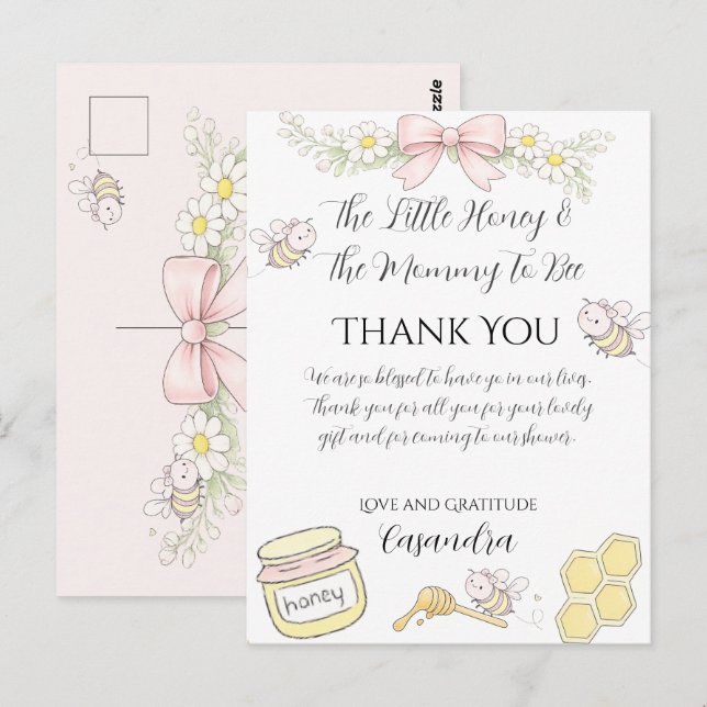 Carte Postale  Mommy to Bee Pink Bow Baby Shower Thanks you (Devant / Derrière)
