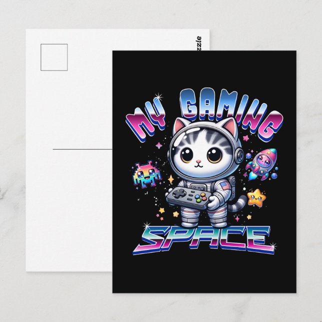 CARTE POSTALE MON ESPACE DE JEUX - KAWAII SPACE CAT (Devant / Derrière)