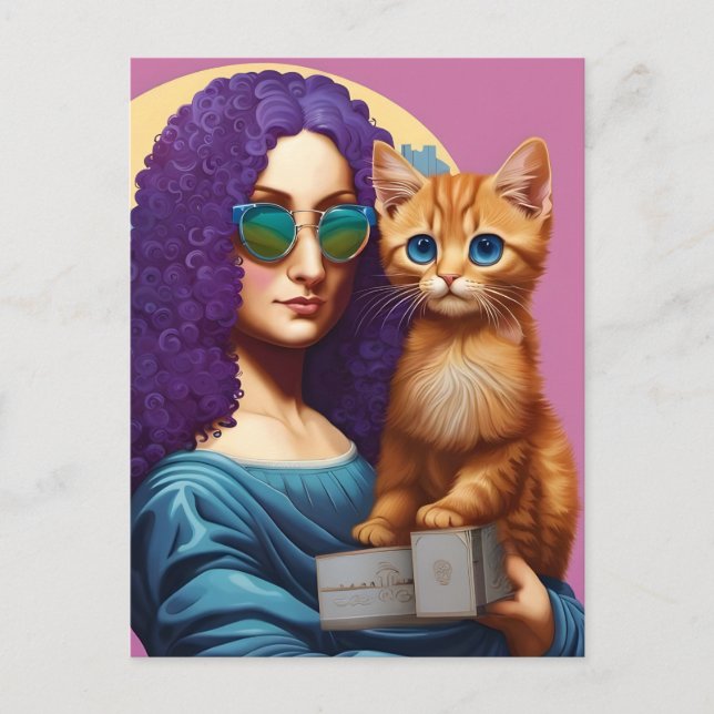 Carte Postale Mona aux cheveux violets et son chat roux (Devant)