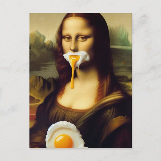 Carte Postale Mona drôle avec un oeuf sur sa bouche (Devant)