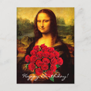 Carte Postale Mona Lisa Avec Bouquet De Roses Rouges