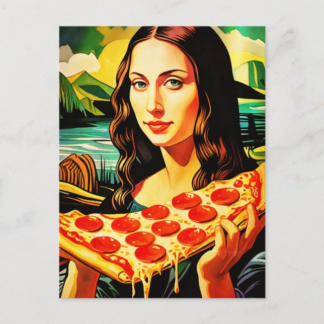 Carte Postale Mona Lisa avec une grande part de pizza (Devant)
