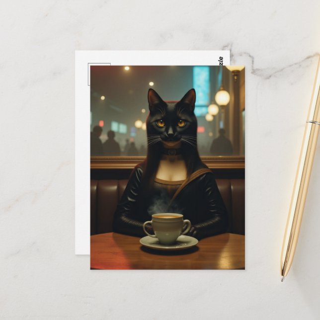 Carte Postale Mona Lisa Cat in a Coffee shop (Devant/Arrière en situation)