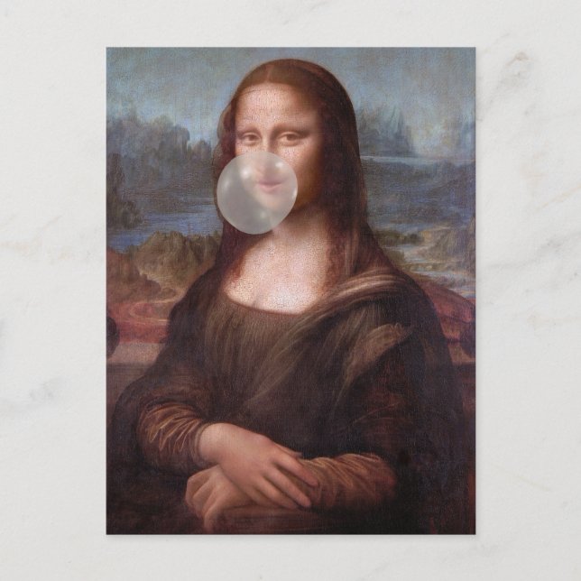 Carte Postale Mona Lisa soufflant du chewing-gum gris (Devant)