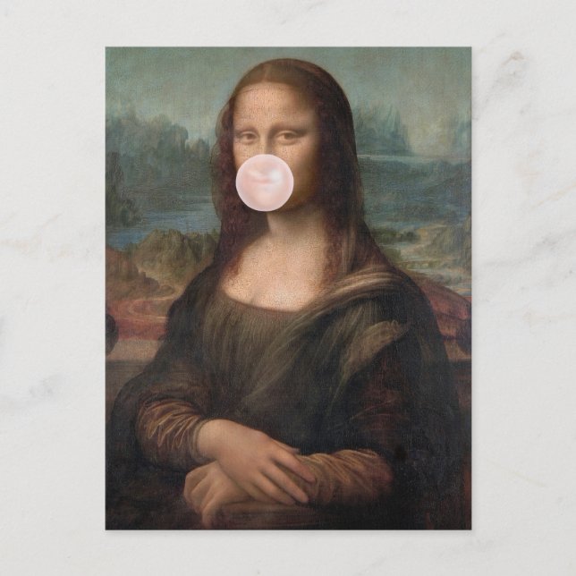 Carte Postale Mona Lisa soufflant un bubble gum rose  (Devant)