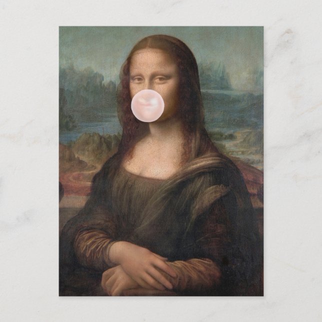 Carte Postale Mona Lisa soufflant un bubble gum rose  (Devant)