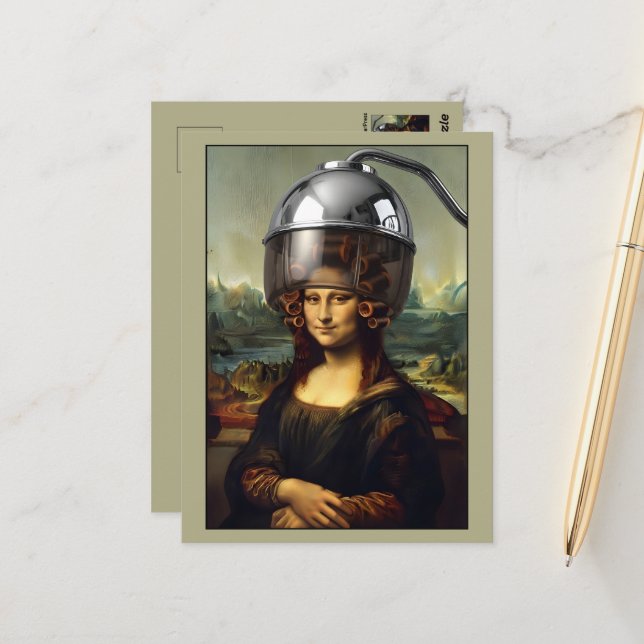 Carte Postale Mona Lisa sur le thème de coiffeur (Devant/Arrière en situation)