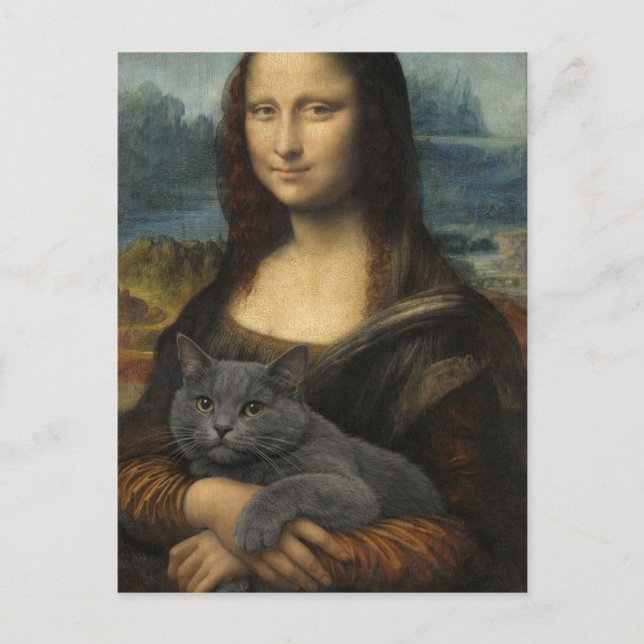 Carte Postale Mona Lisa tenant un élégant chat gris              (Devant)