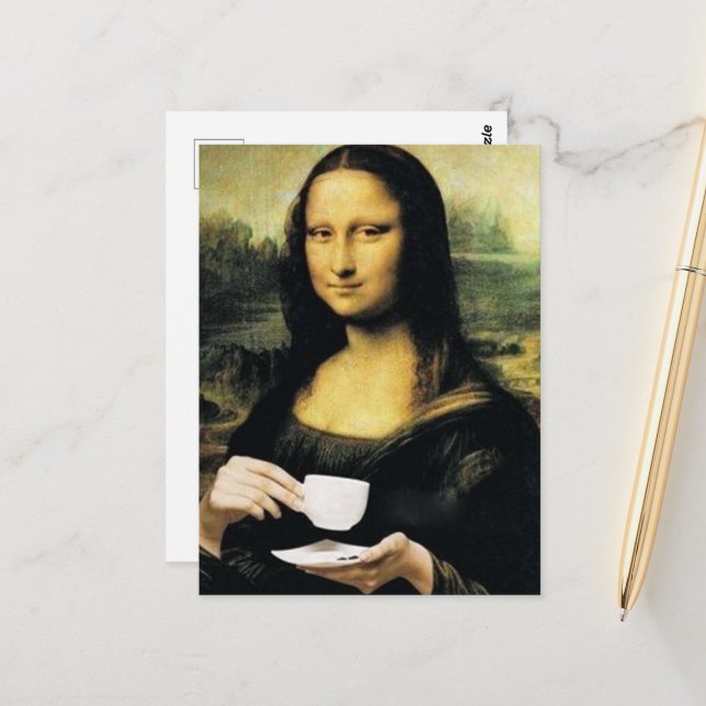 Carte Postale Mona Lisa tenant une tasse de thé Leonardo da Vinc (Devant/Arrière en situation)
