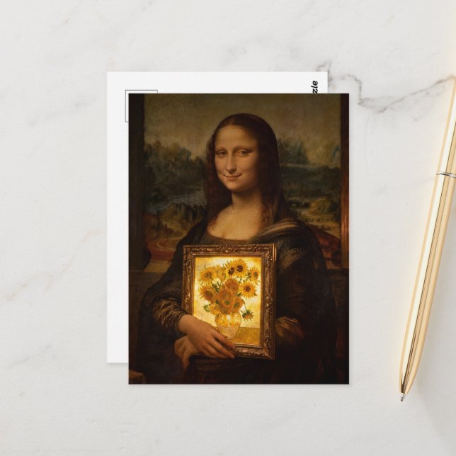 Carte Postale Mona Lisa tient un Van Gogh (Devant/Arrière en situation)
