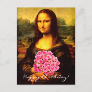 Carte Postale Mona Lisa With Bouquet Of Pink Roses